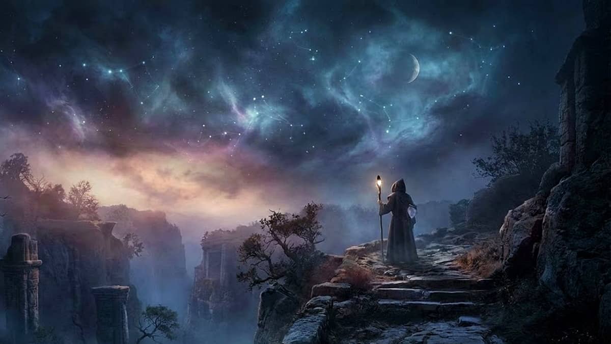 Hooded figure with a torch on a stone path under a starry sky