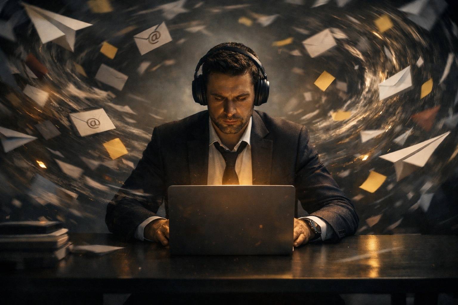 Man in headphones at a laptop while papers swirl around him