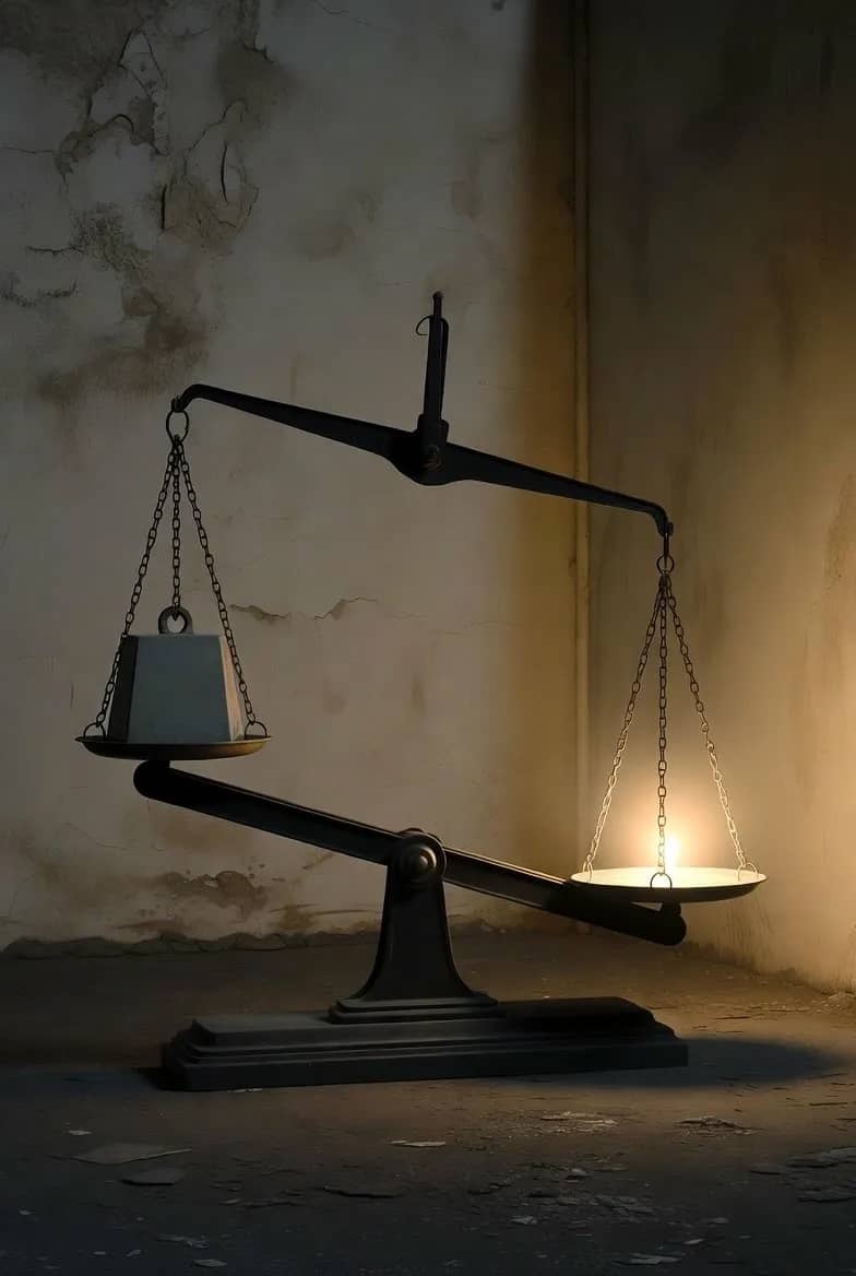 Balance scale with a weight on one side and a lit candle on the other