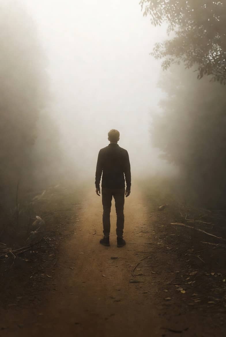 Man standing on a foggy dirt path, facing into the mist