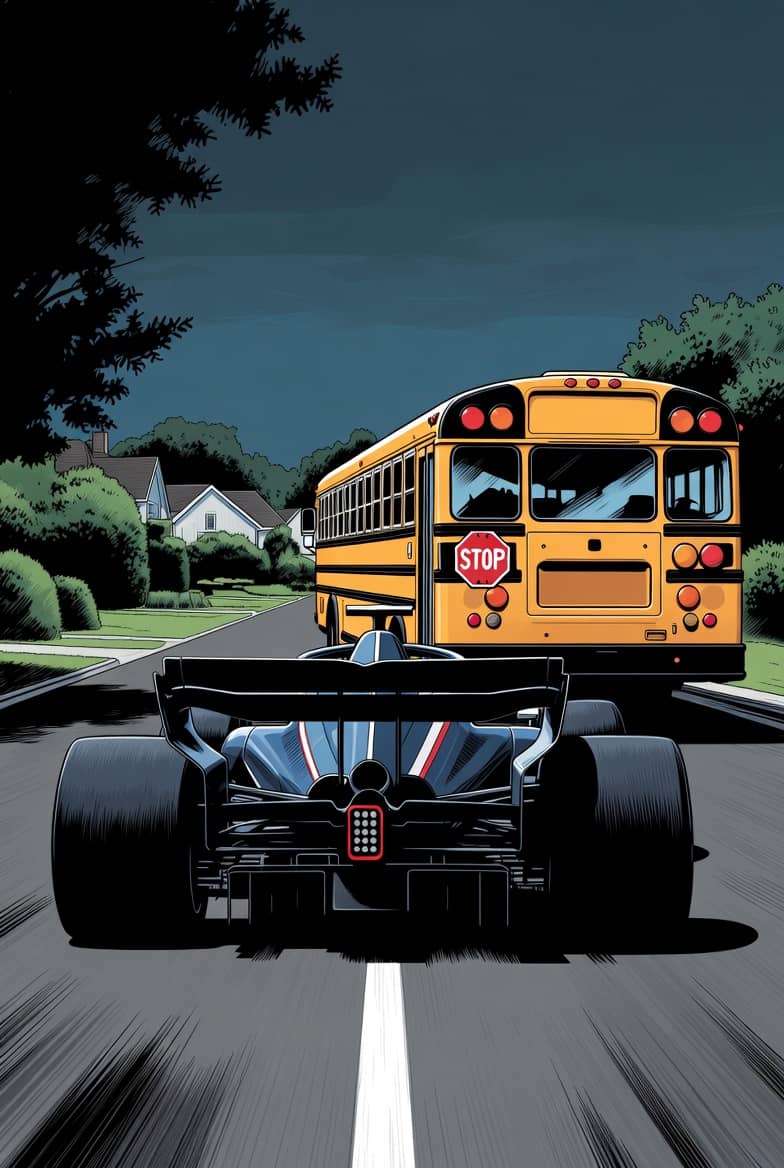 Race car stuck behind a stopped school bus