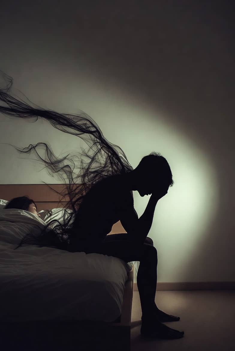 Man sitting on the edge of the bed while someone sleeps behind him
