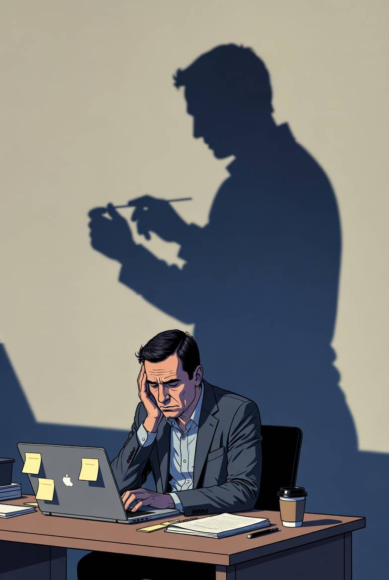 Man at a laptop while his shadow draws something else