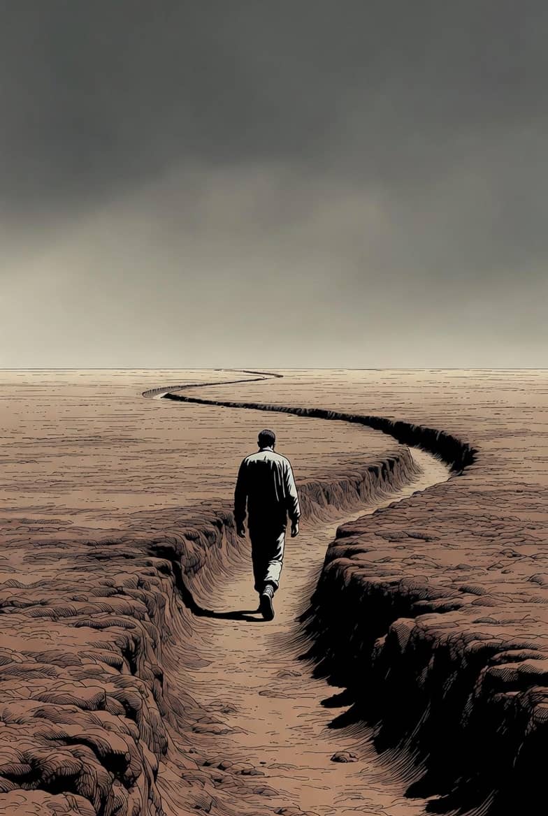 Person walking a deep rut across an open field