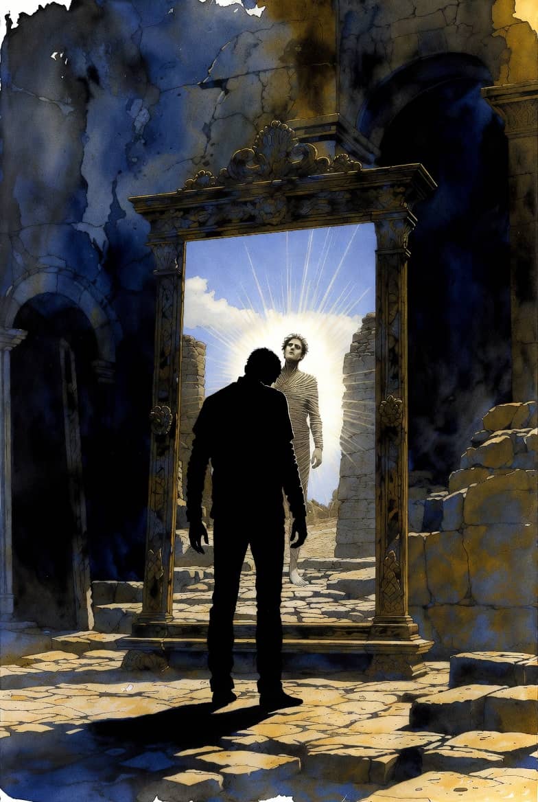 Silhouette facing a mirror that shows a different person in the light