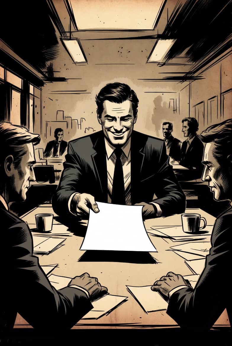Smiling man sliding a blank page across a meeting table