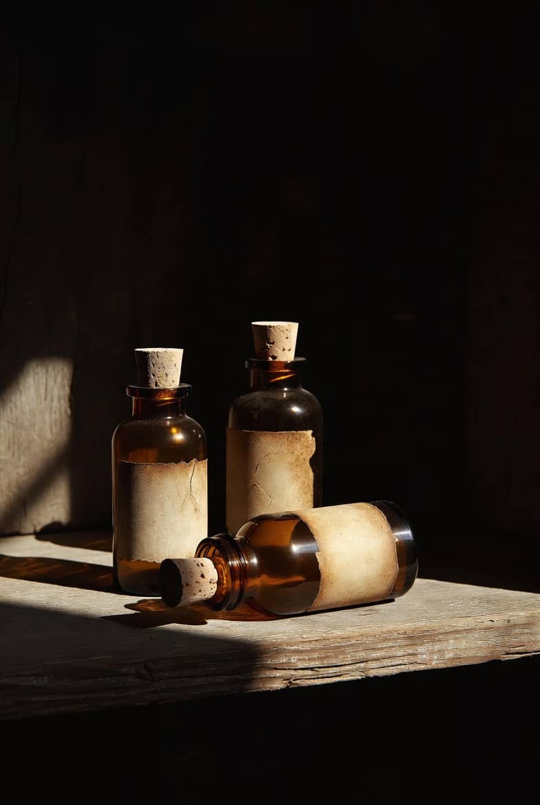 Three unlabeled bottles on a table, one tipped on its side
