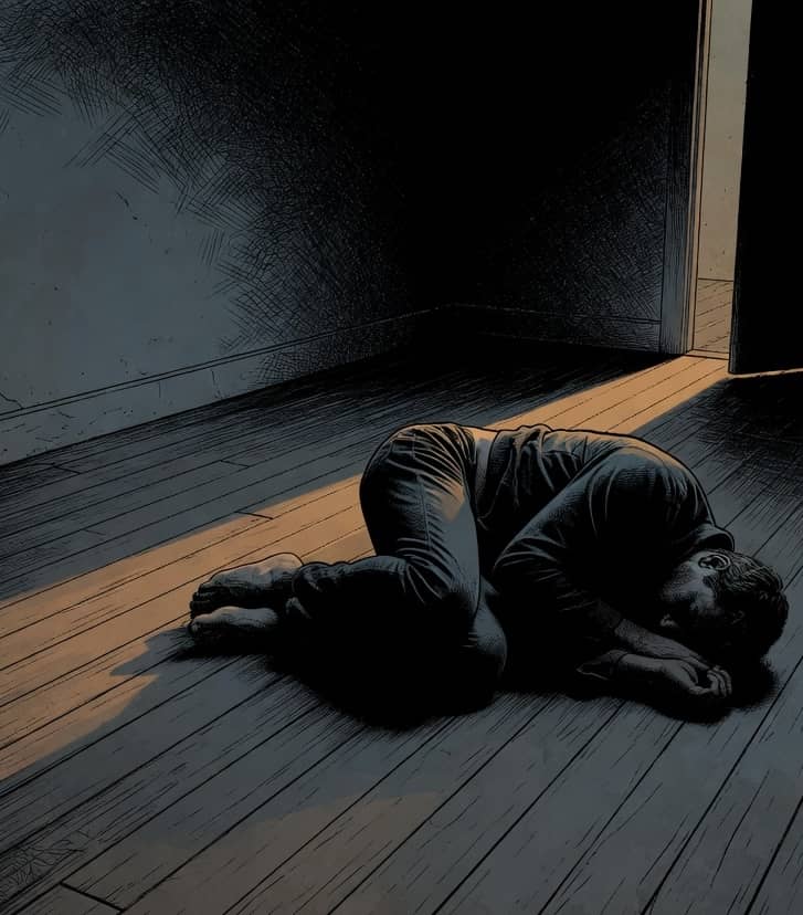 Person curled up on a dark floor in a strip of light