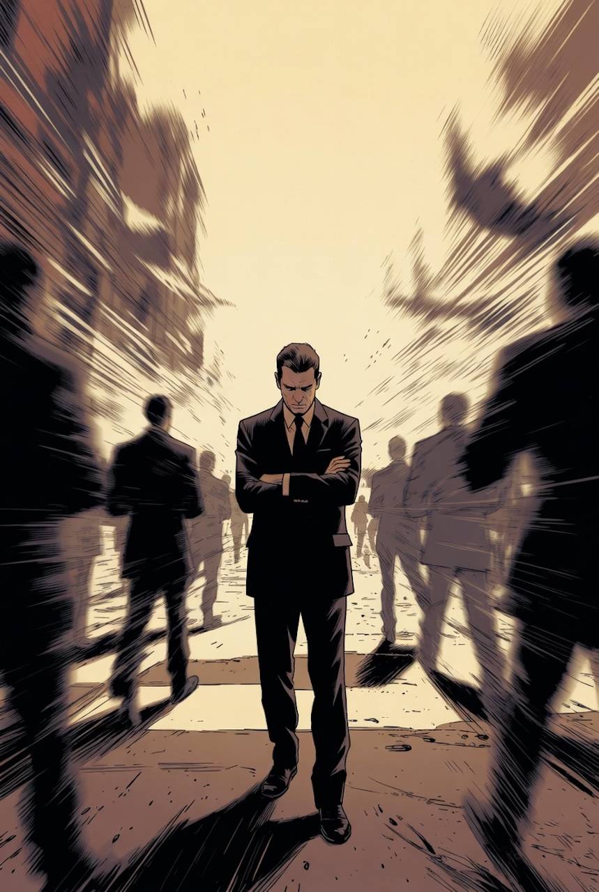 Man standing still with arms crossed while a crowd rushes past