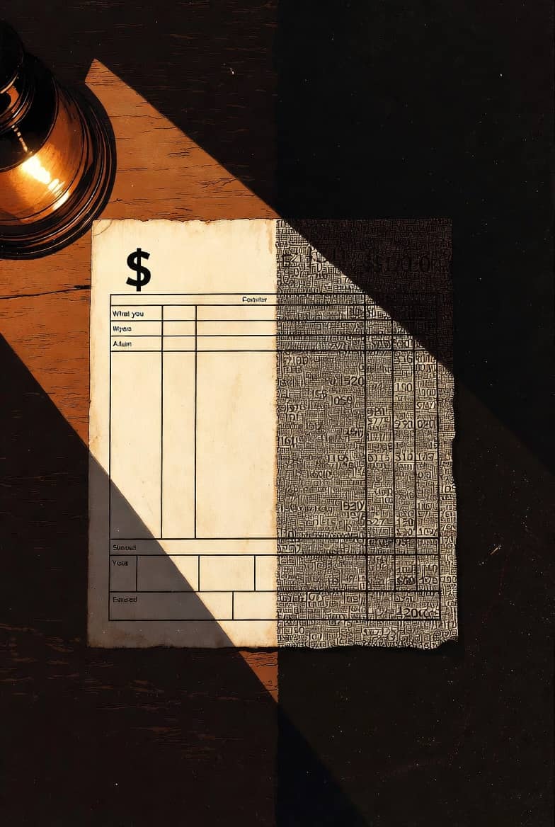 Pay stub split between a blank form and dense fine print