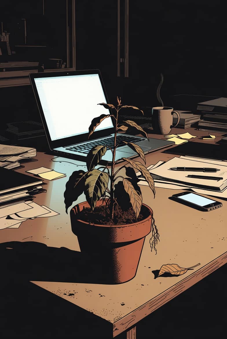 Wilted plant on a cluttered desk beside an open laptop