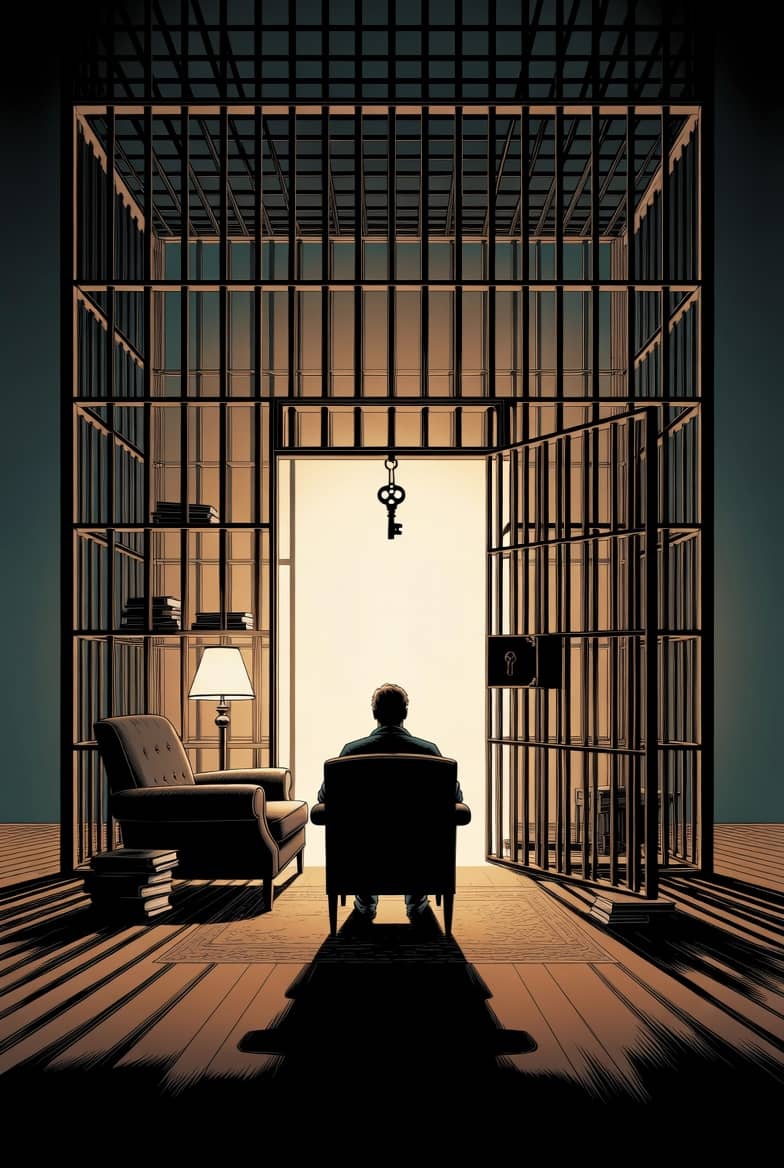 Person sitting inside an open cage while a key hangs in the doorway