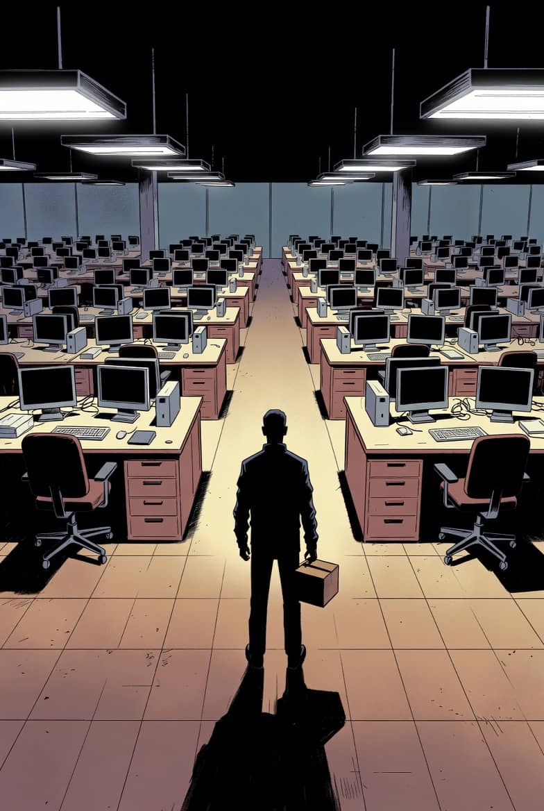 Person with a box walking the aisle of an empty office