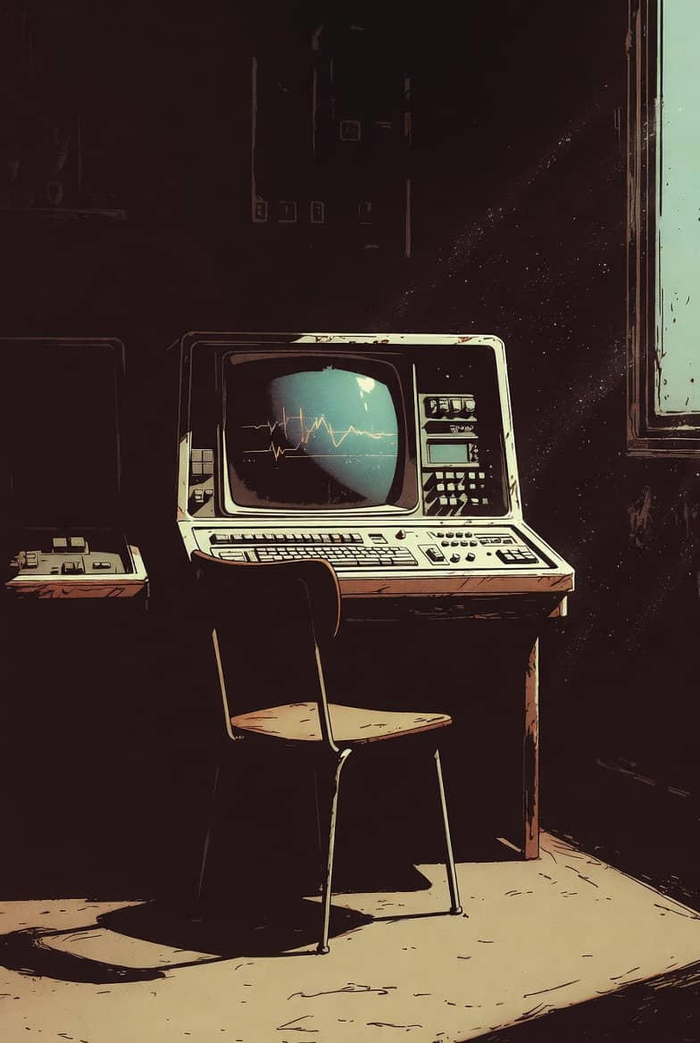 Empty chair in front of an old computer console