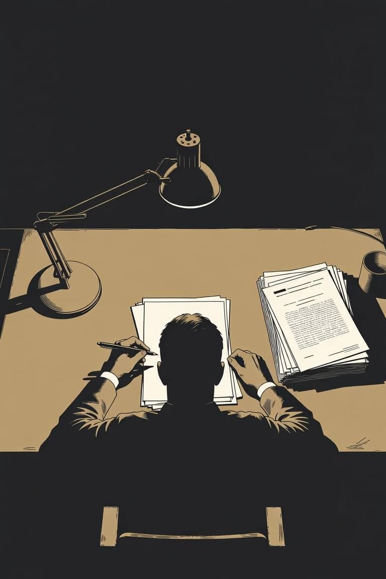 Person at a desk writing their own pages under a lamp