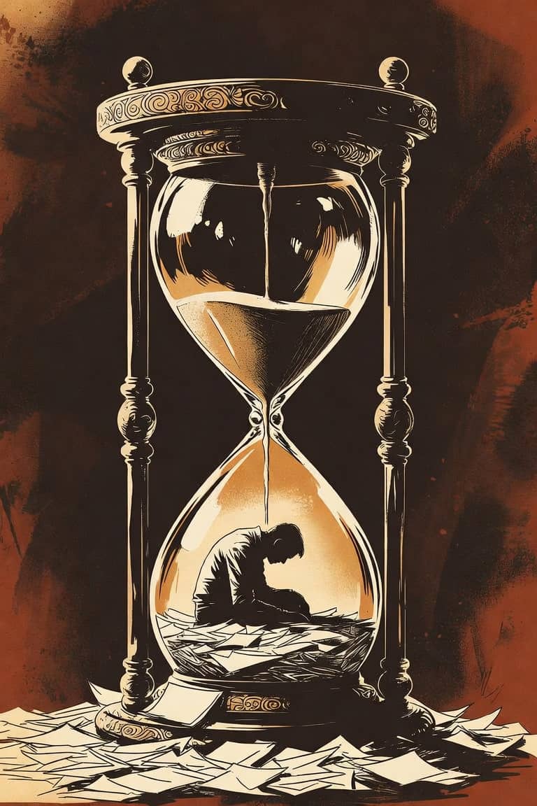 Person curled inside an hourglass as sand and loose papers pile up