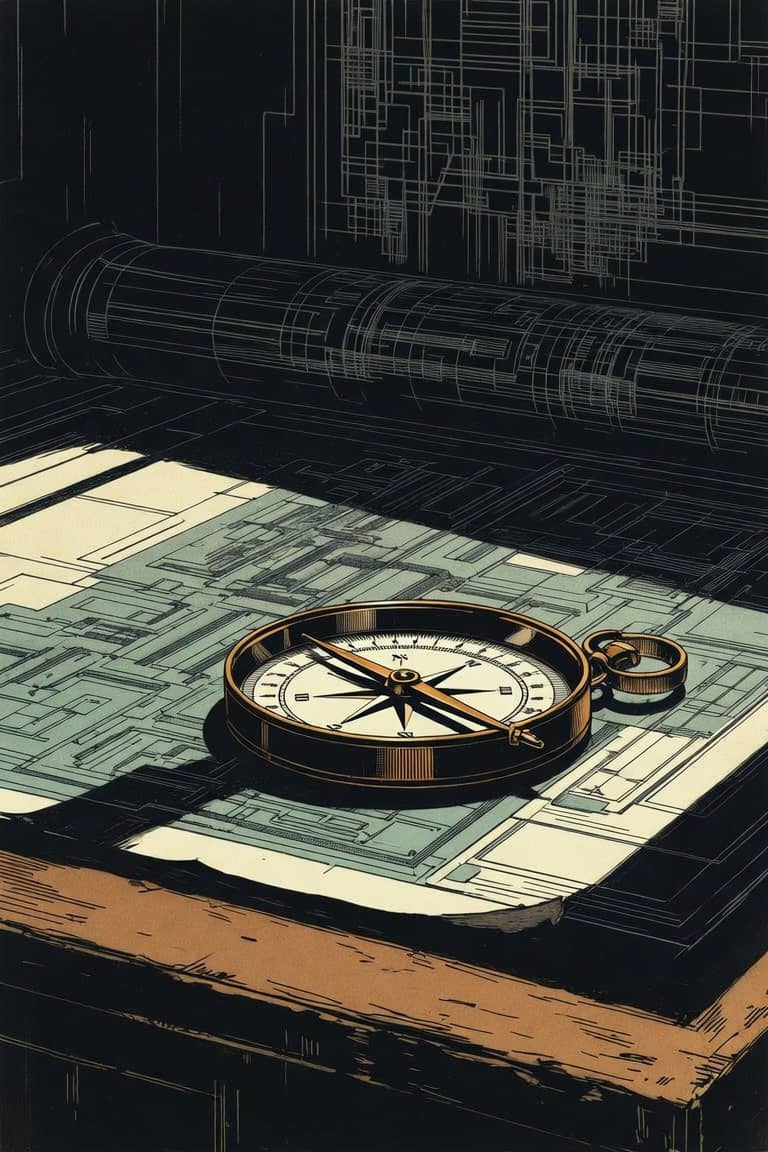 Brass compass resting on architectural plans in a dark office