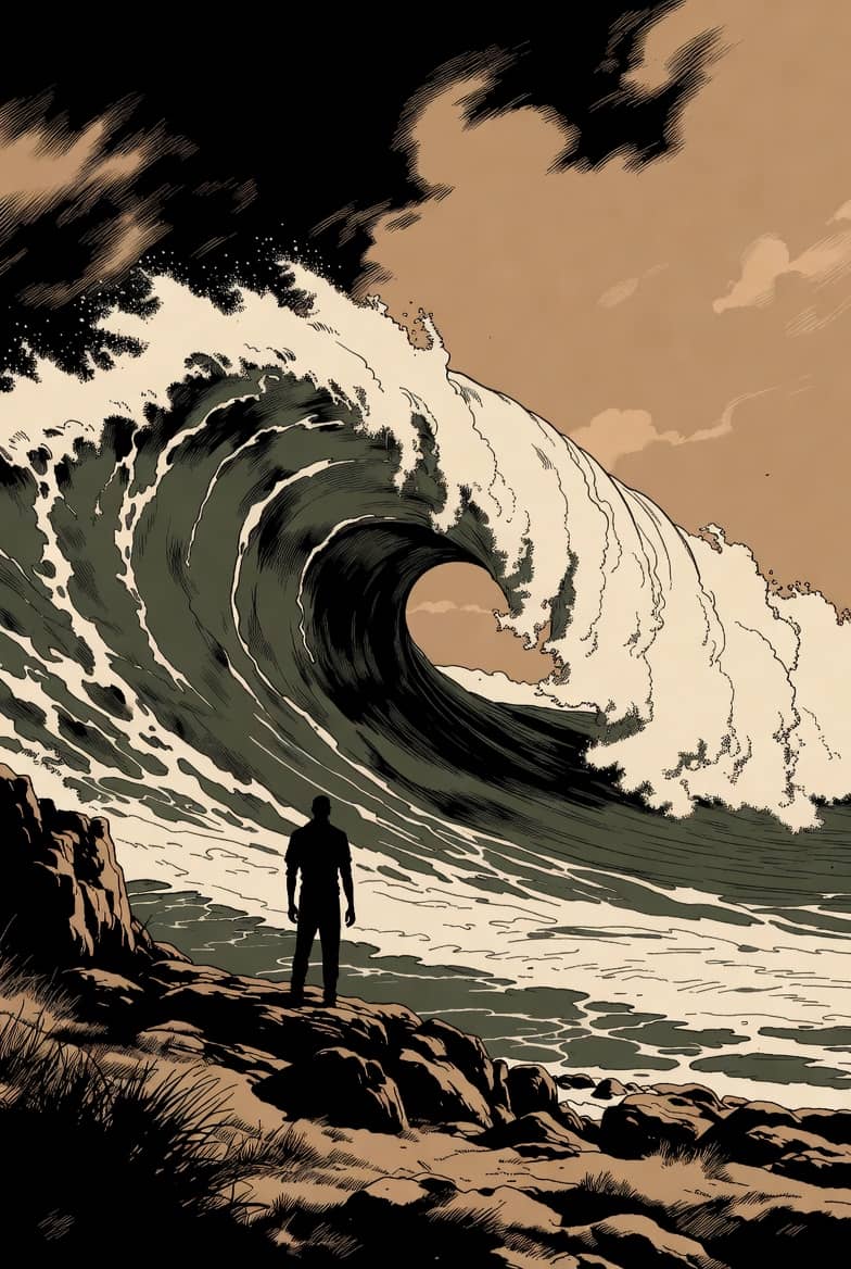 Person on a rocky shore facing a huge incoming wave