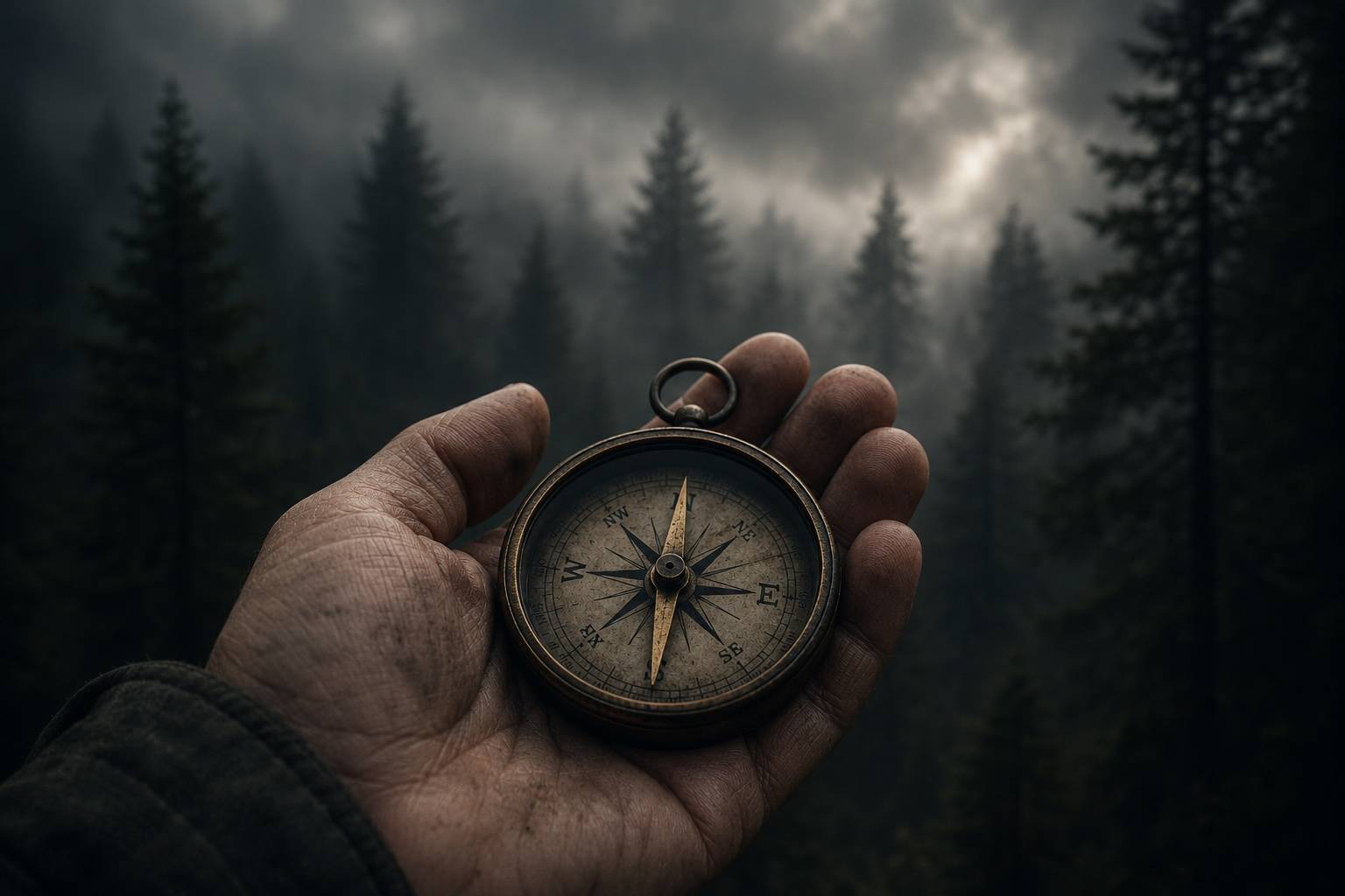Compass held on a wooded trail with no map in sight
