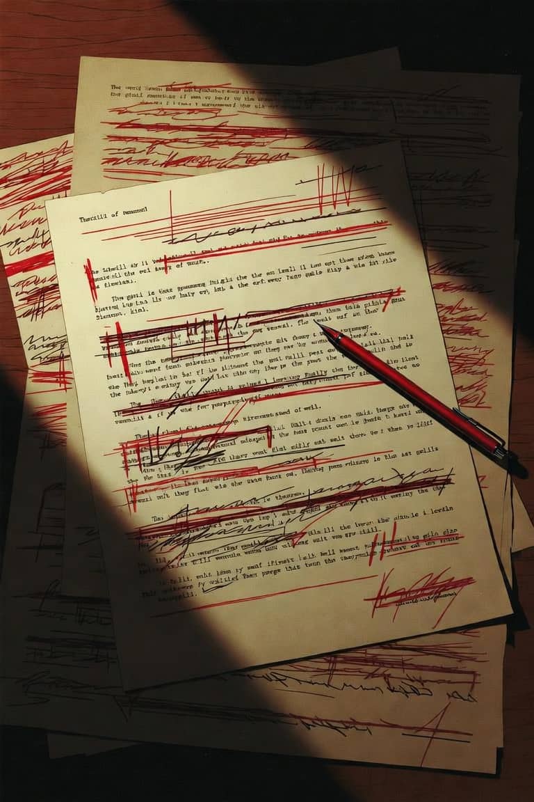 Stack of drafts covered in red edits, with a red pen on top