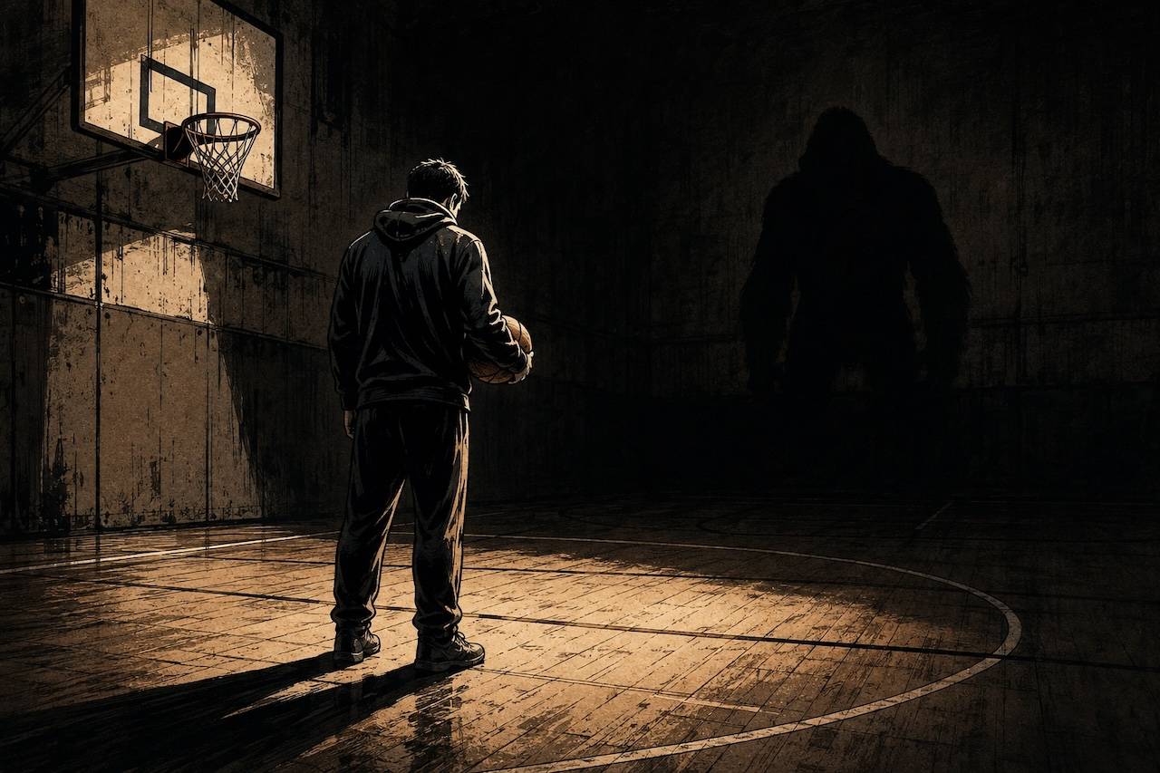 Person in a gorilla suit walking through a basketball drill while others count passes