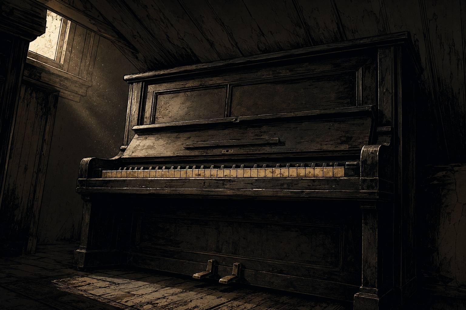 Unused piano with sheet music gathering dust