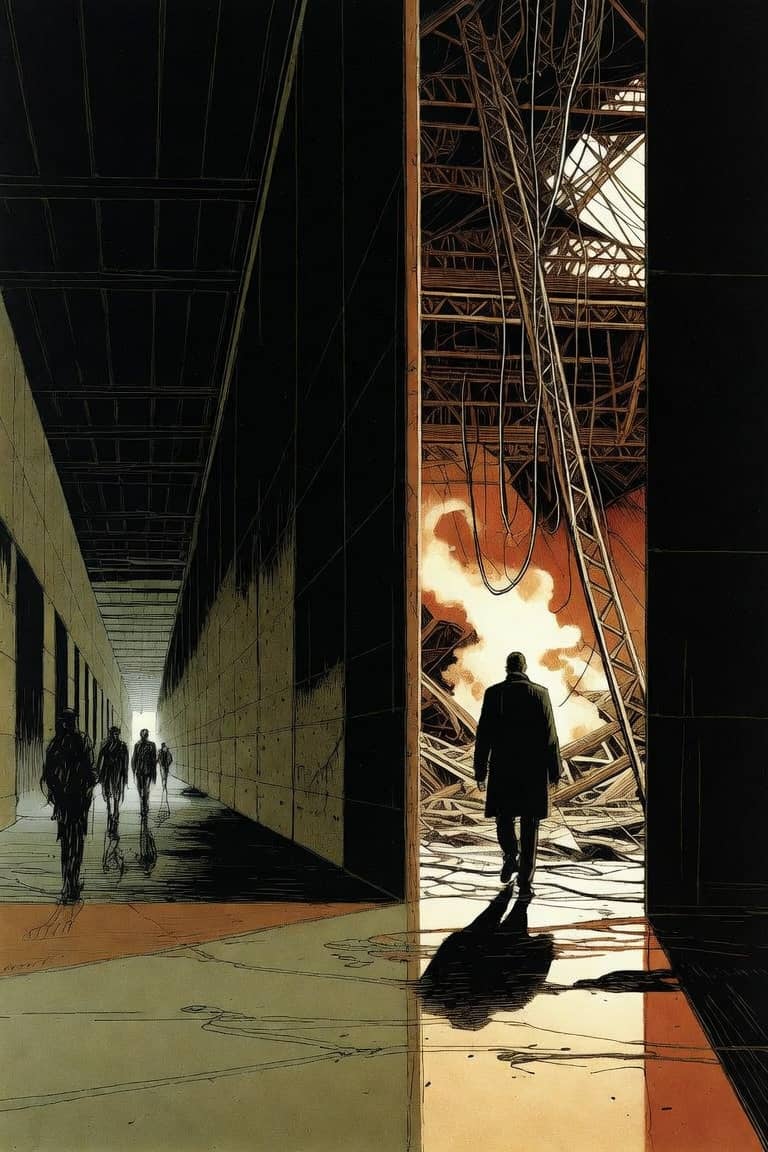Man walks from a dim corridor toward a smoky, collapsed industrial space